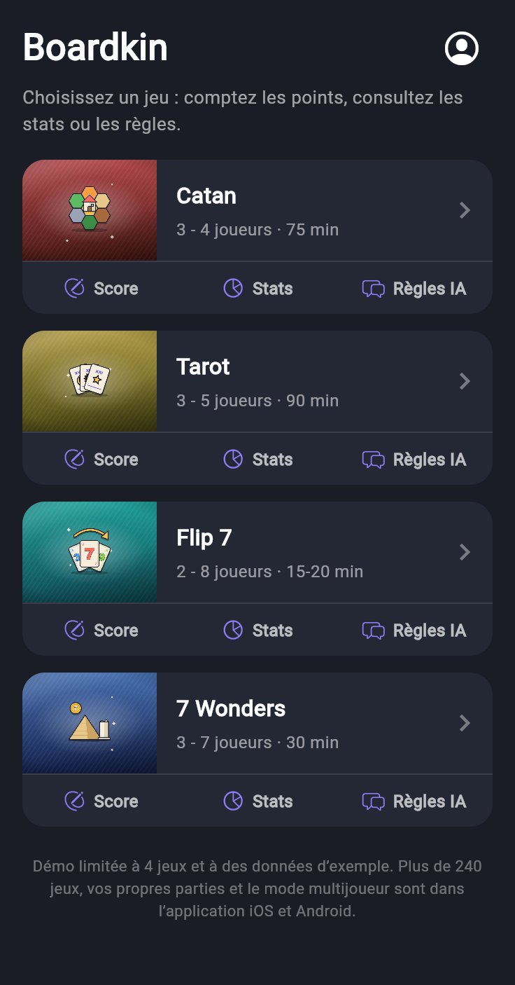 Accueil de l'application Boardkin : Catan, Tarot, Flip 7 et 7 Wonders